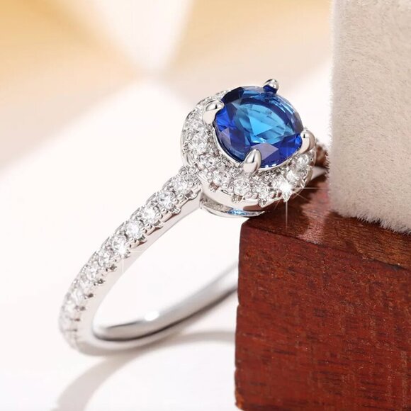 NEW 14k White Gold Sapphire Diamond Ring Halo Round Cut - Picture 6 of 8